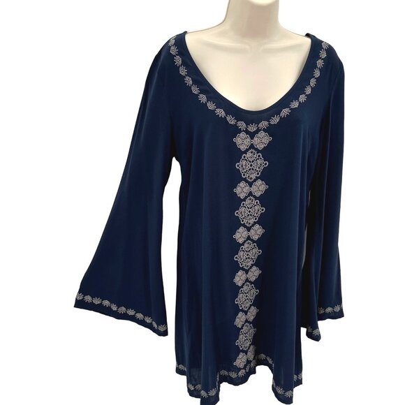 Lovestitch Women’s Embroidered Navy Bell Sleeve Scoop Neck Tunic Dress Size S - Picture 1 of 8